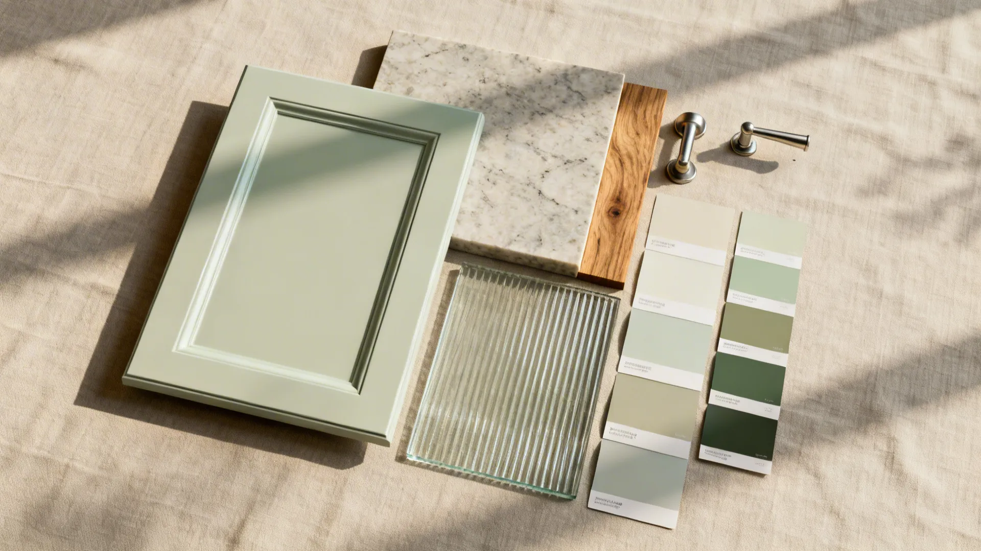 Flat lay of cabinet, quartz, wood, brushed hardware, and reeded glass samples in warm neutrals.