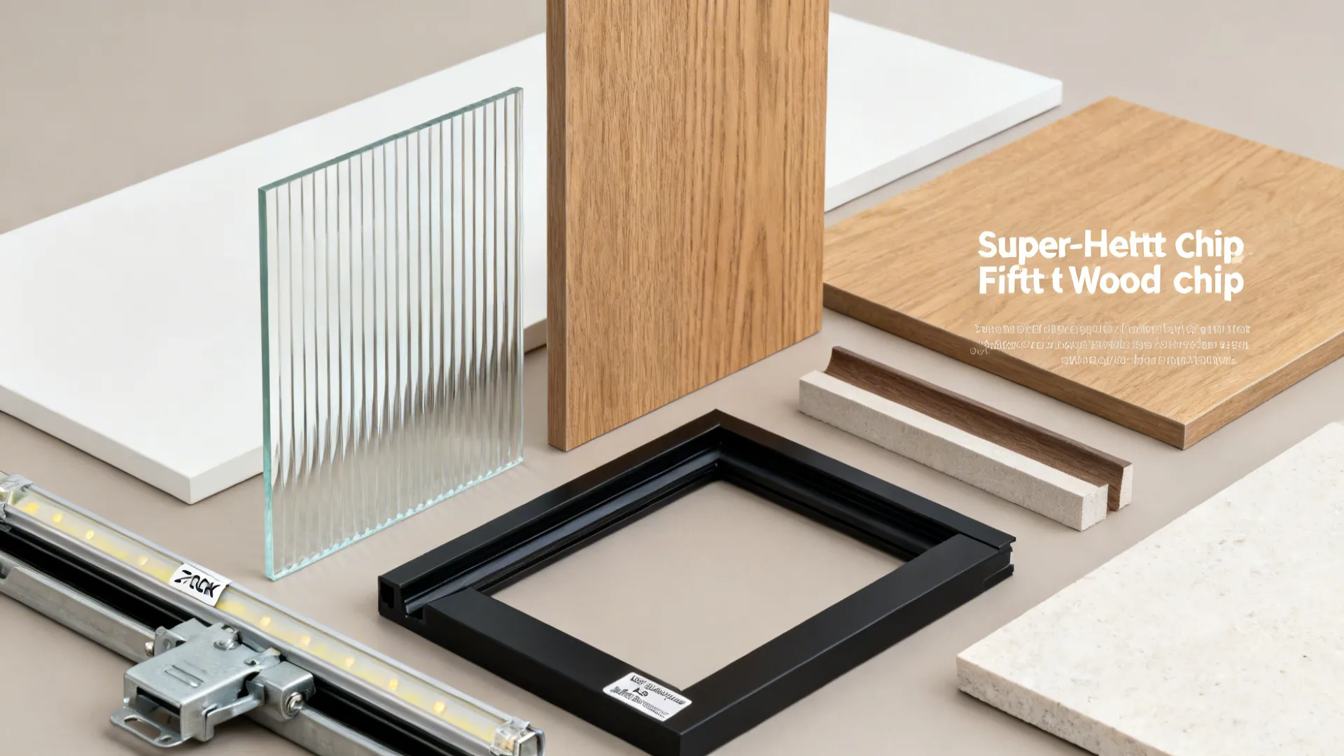 Flat lay of matte laminate, wood veneer, reeded glass, metal frame, runners, LED, and stone samples.