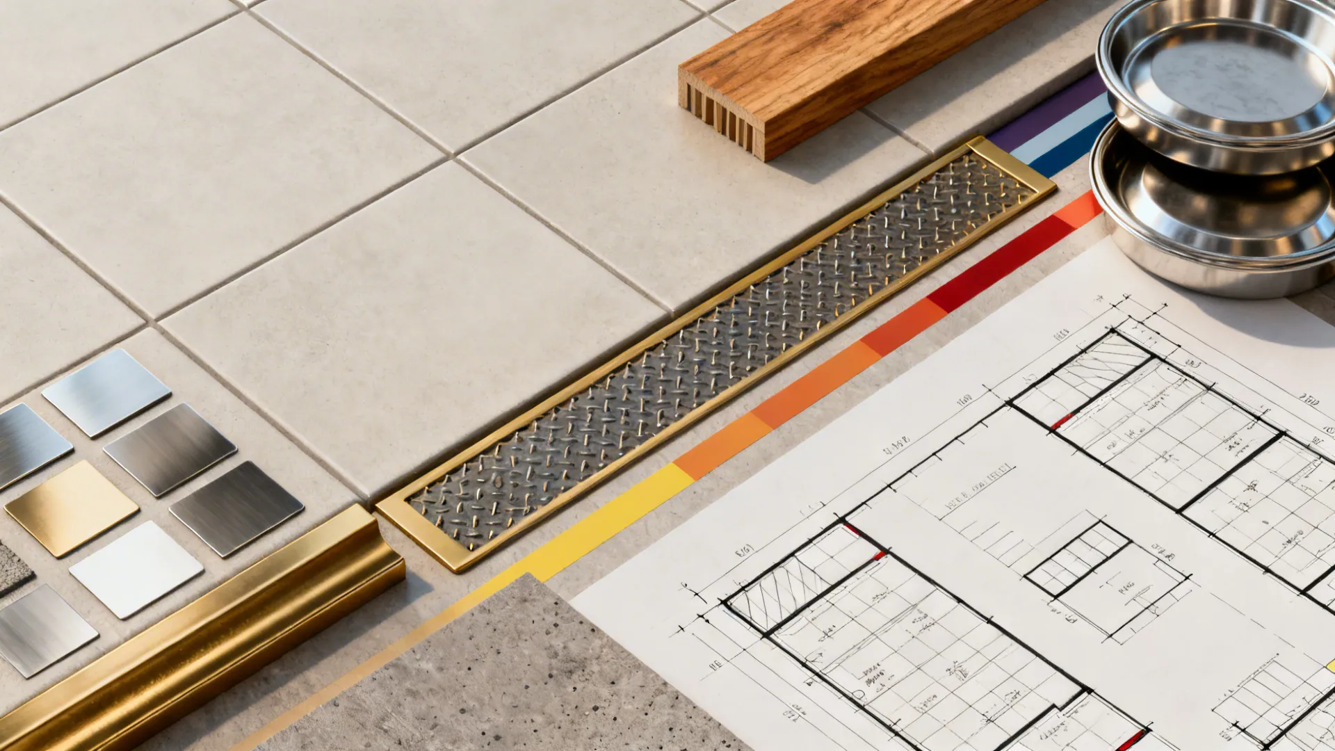 Flat lay of stainless, tile, tape, and a scaled layout sketch for a compact kitchen.