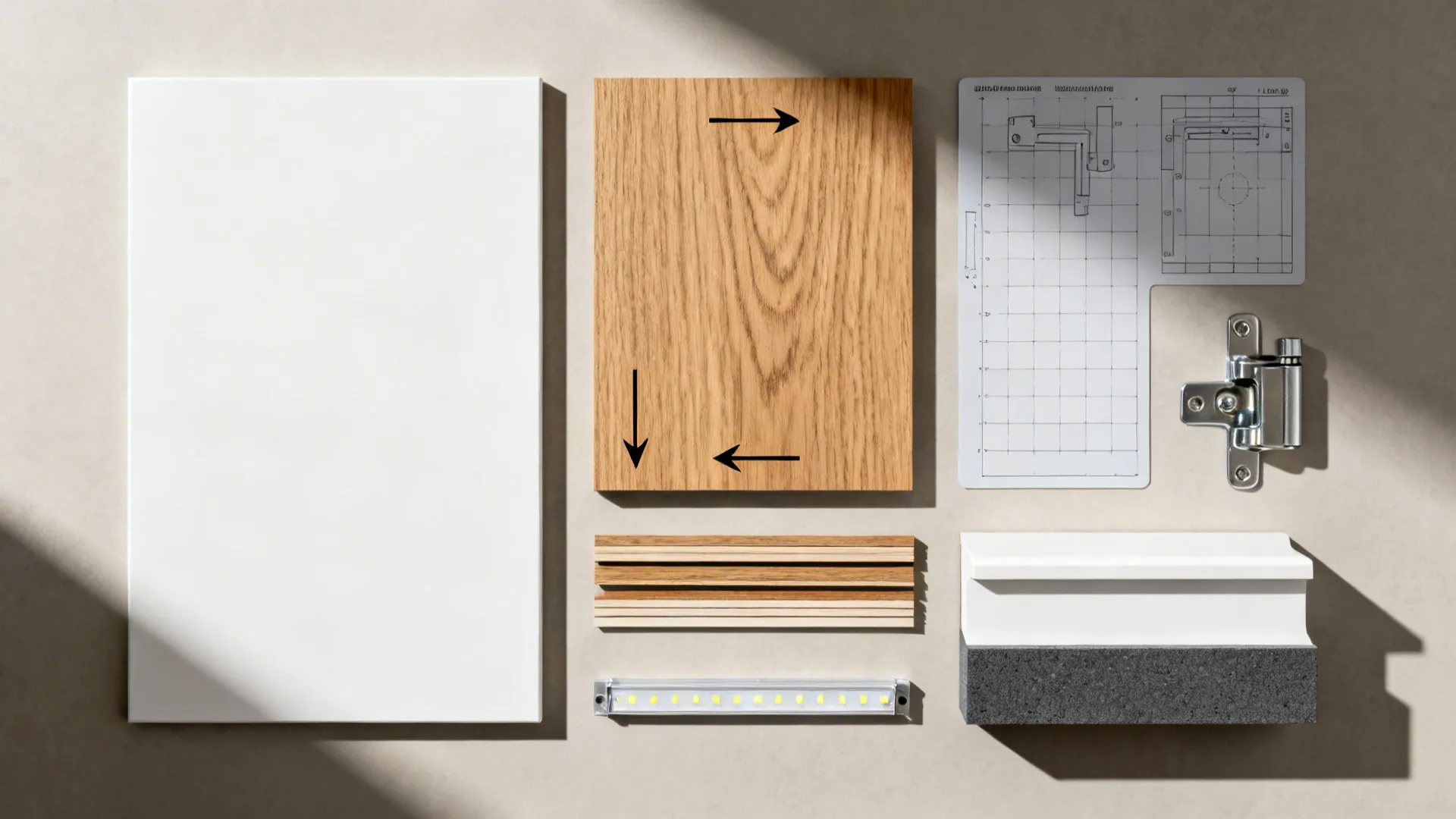 Flat lay of white cabinet panel wood board technical drawing metal hinge and various construction materials