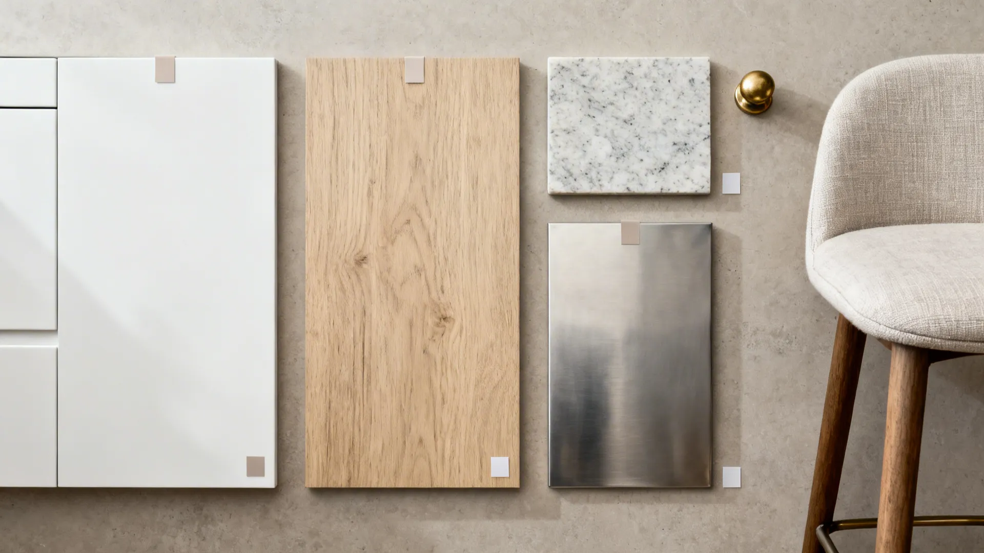 Top-down material board with white lacquer, oak veneer, quartz, and stainless accents.