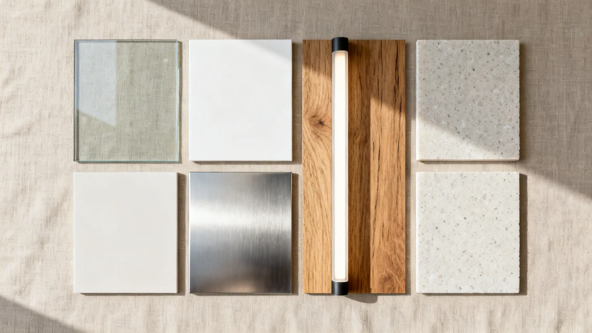 Flat lay of tinted glass, matte white, oak veneer, stainless, LED diffuser, and quartz samples.