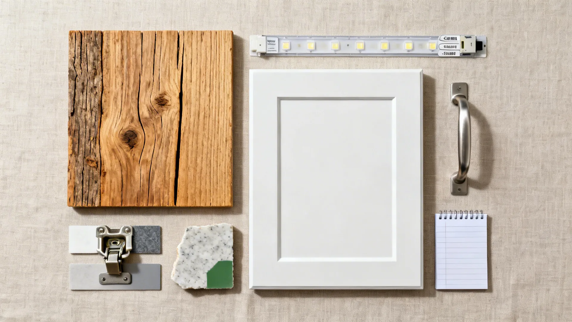 Top-down palette of cabinet, wood, quartz remnant, hardware, and LED samples for a small kitchen.