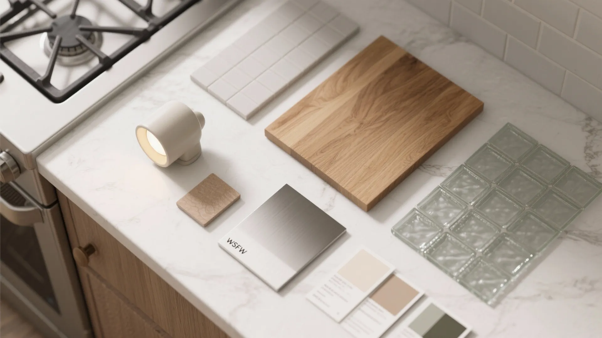 Flat lay of ceramic glaze, wood, tile, stainless, glass, and neutral paint samples for a kitchen.