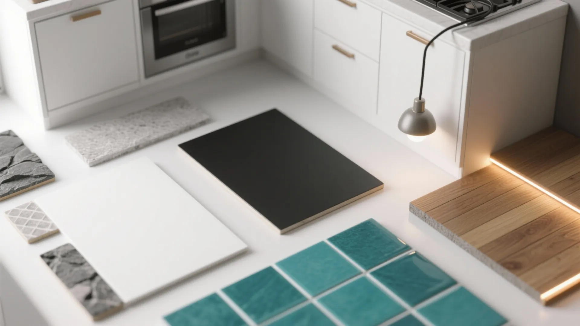 Flatlay of material samples: matte cabinet panels, teal tile chip, laminate faux-stone edge, wood plank, and LED strip.