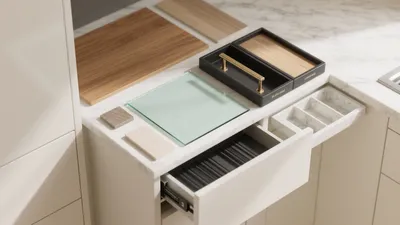 Modern Kitchen Drawer Organization with Marble Countertop