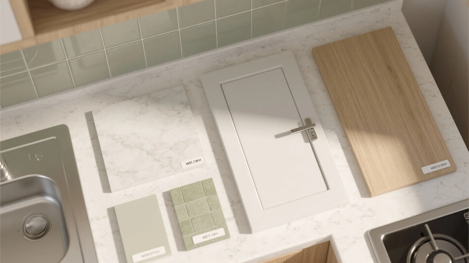 2) Glass-Backed Kitchen with Pull-Out Pantry