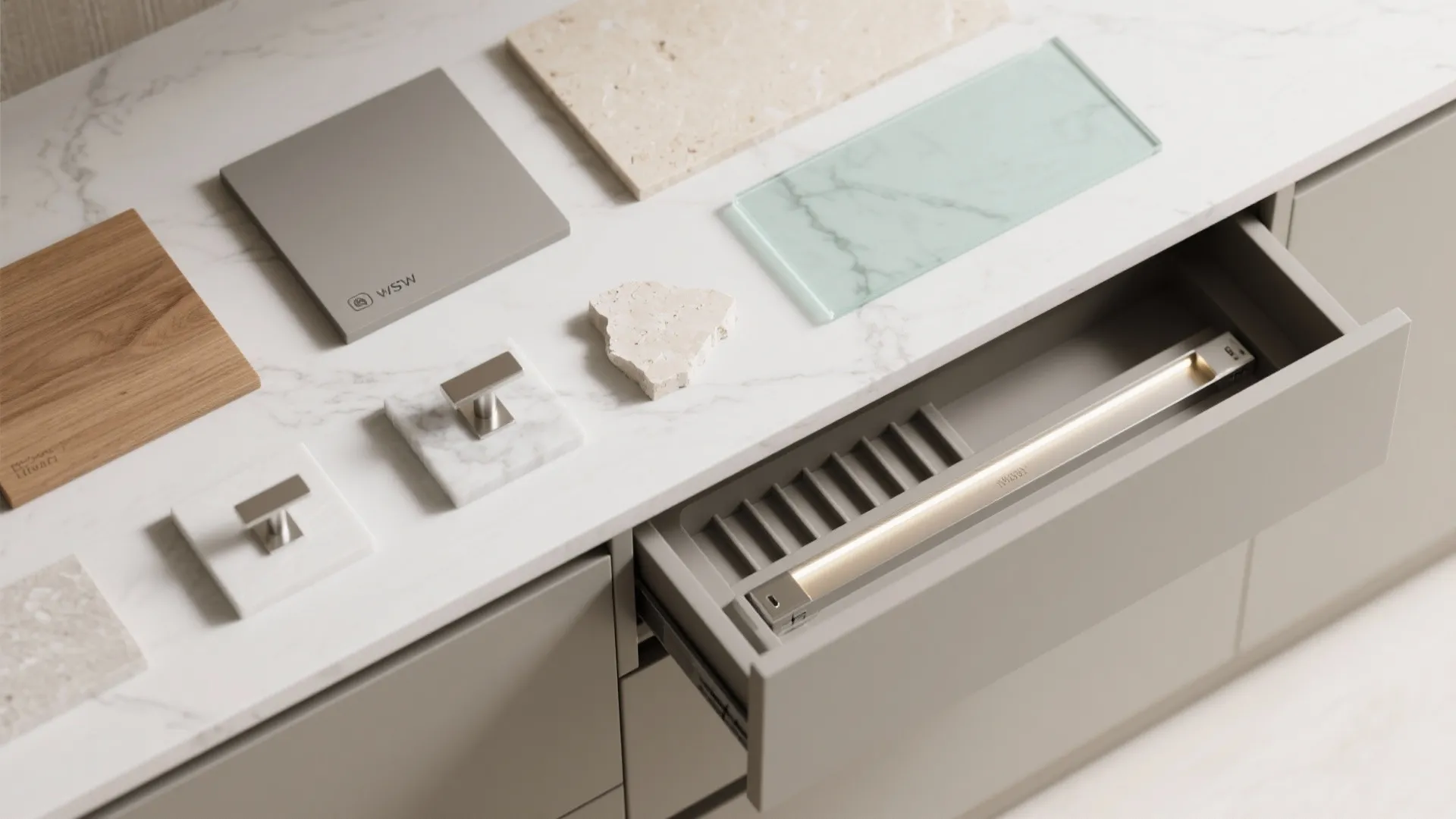 Minimalist kitchen storage with concealed systems