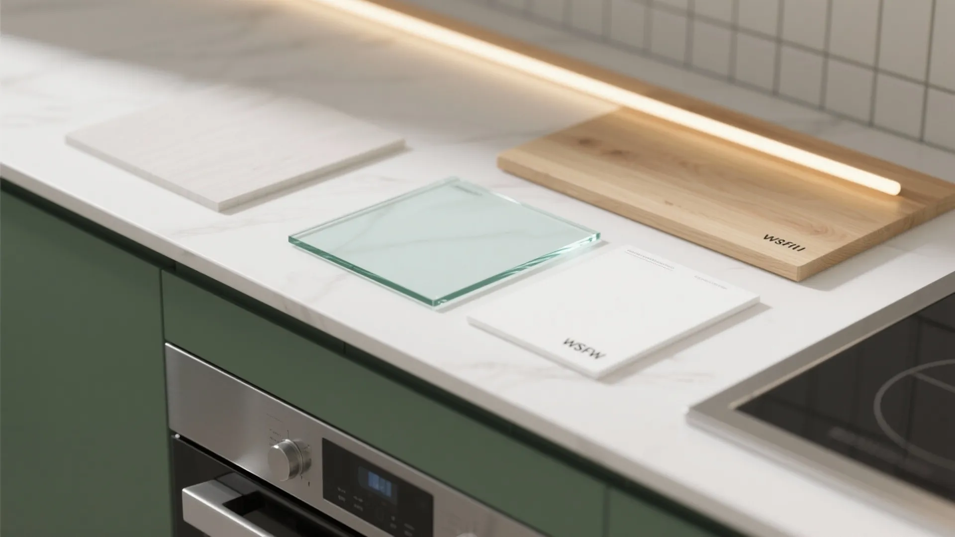 Glass backsplash to brighten compact kitchens