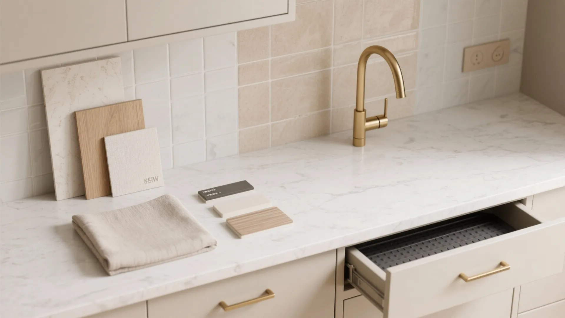 Modern kitchen counter showing marble top, gold water tap, tile samples, and an open drawer