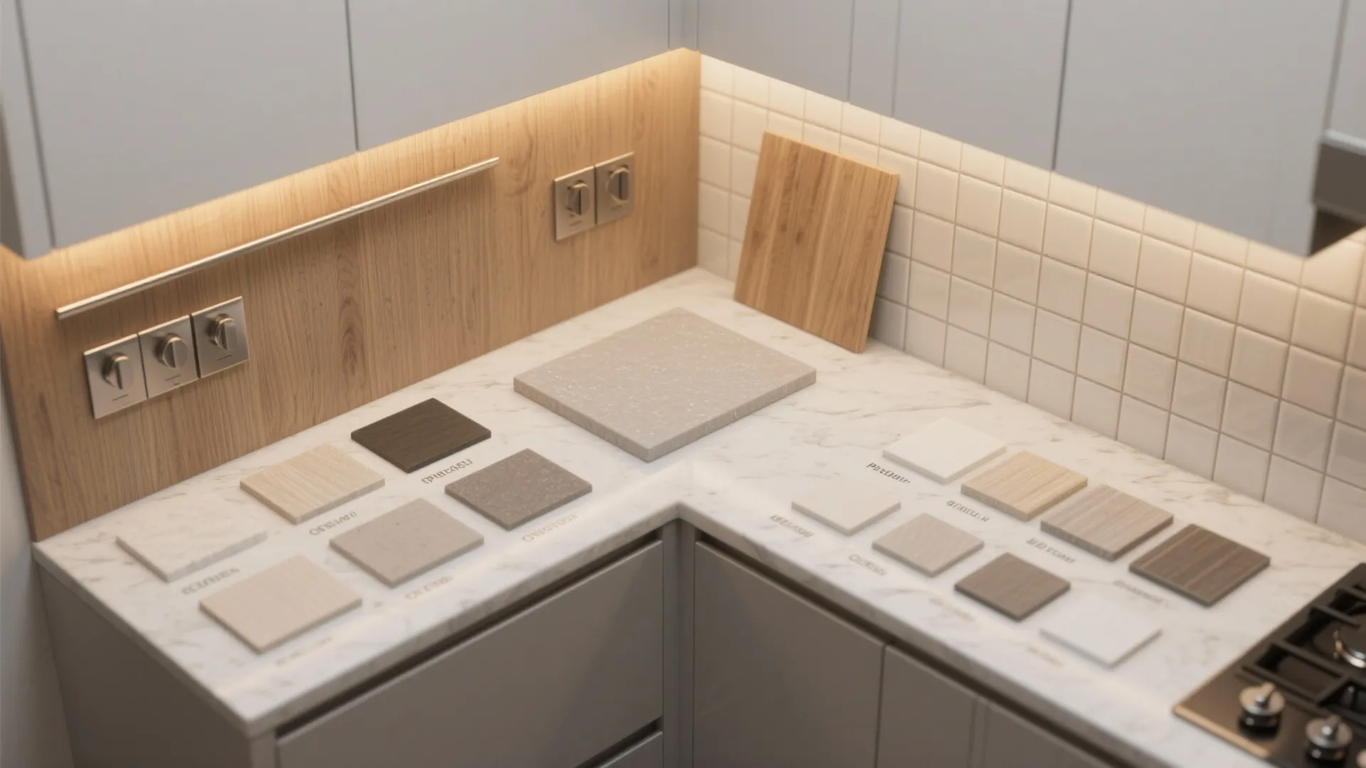 Kitchen counter showing various small square material samples for cabinets and marble table top surface