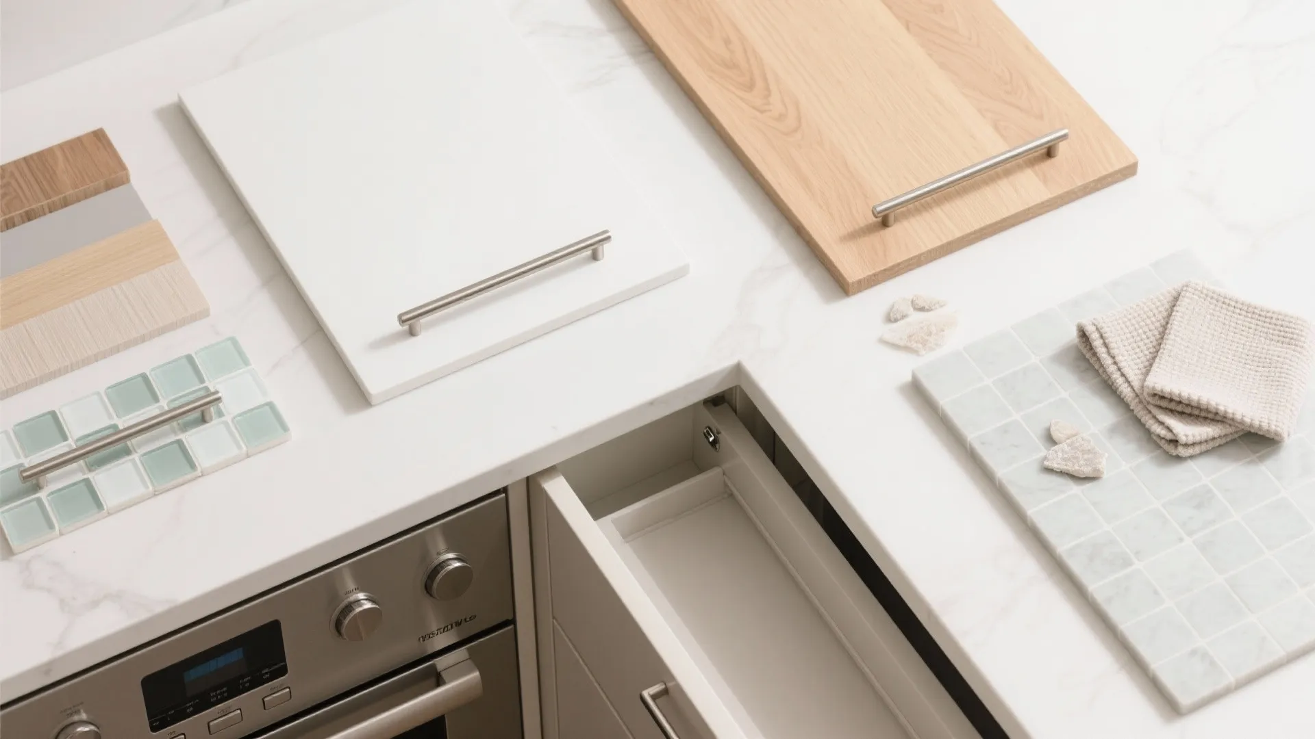 Top-down flatlay of satin white fronts, oak veneer, glazed tile, quartz, and drawer dividers