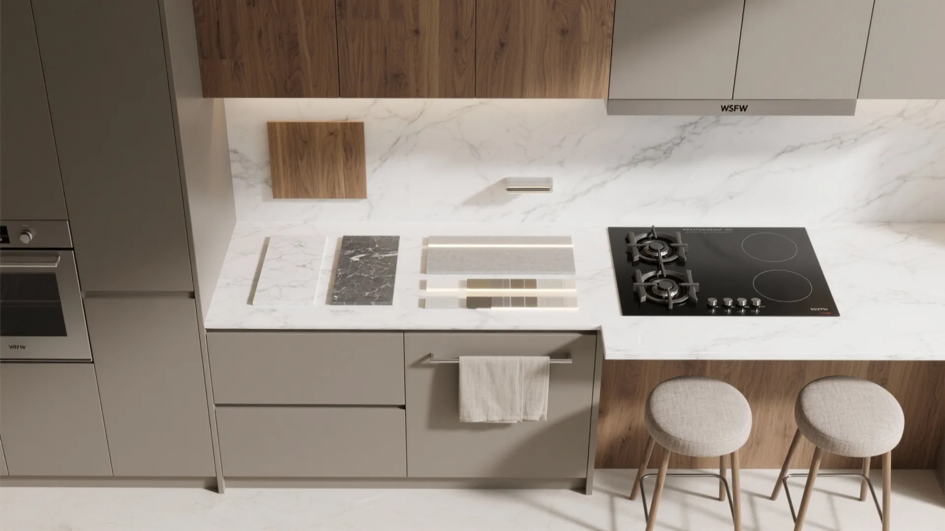 Flat lay of matte cabinetry, oak, quartz, sintered stone, and hardware for a dual-zone kitchen.