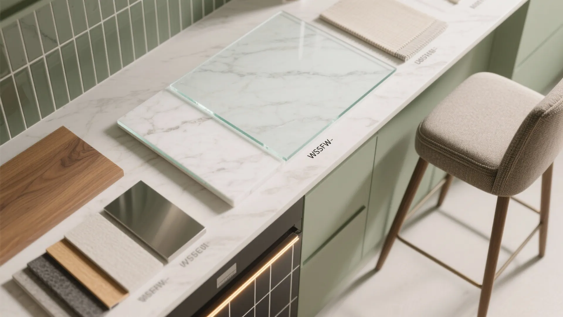Kitchen countertop showing marble slab, green cabinets, wood sample, metal plate, and a modern stool