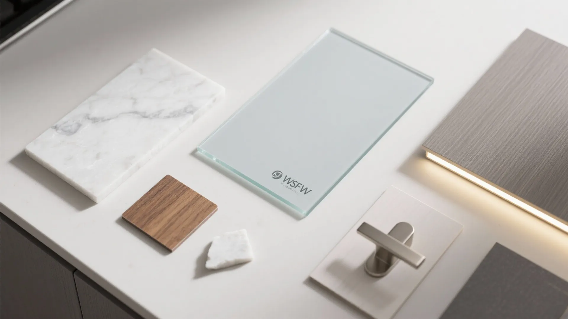 Kitchen material samples including white marble wood glass and metal handle on a white table