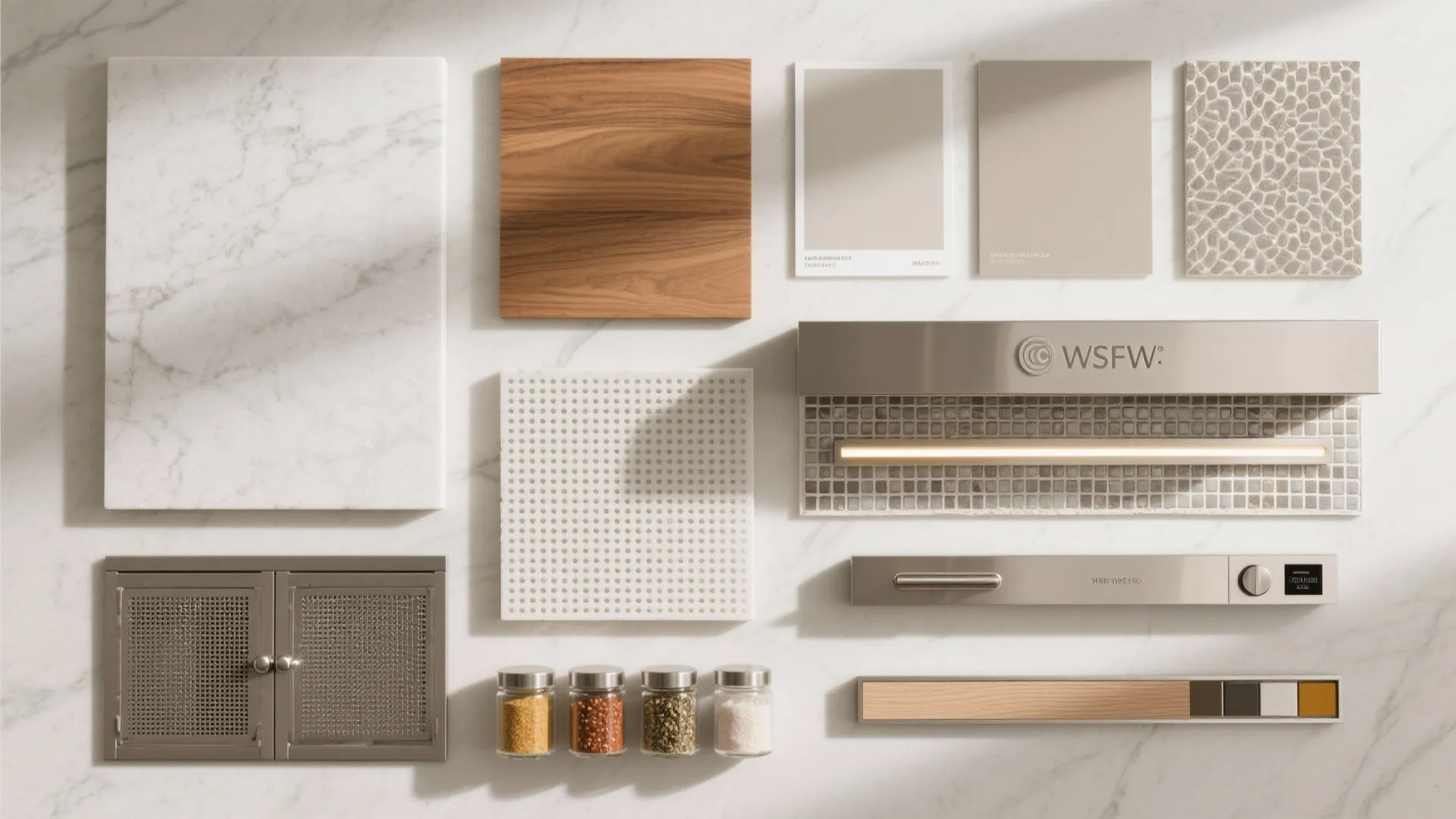 Interior design mood board with marble tiles wood samples metal handles and small kitchen spice jars