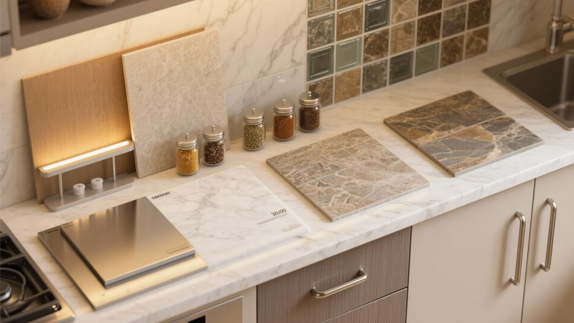 Kitchen countertop with various stone material samples small spice jars and white marble backsplash wall tiles