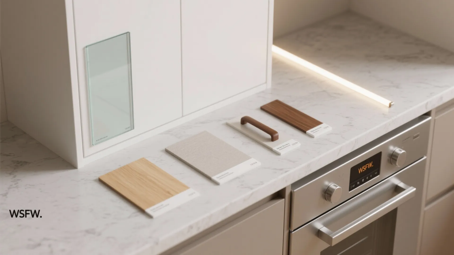 Kitchen material board with wood samples and handle on marble countertop next to oven display