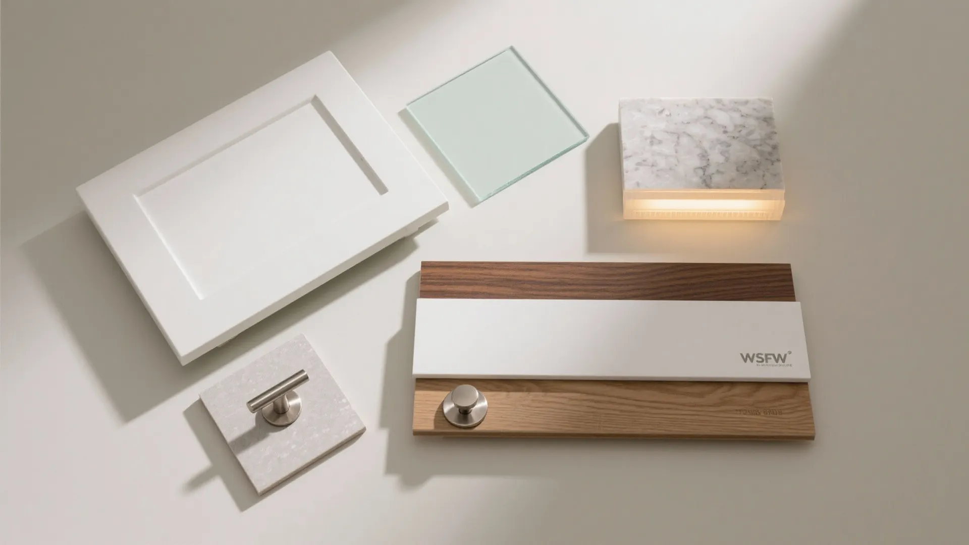 White cabinet door with glass tile marble block wood samples and metal knobs on plain surface