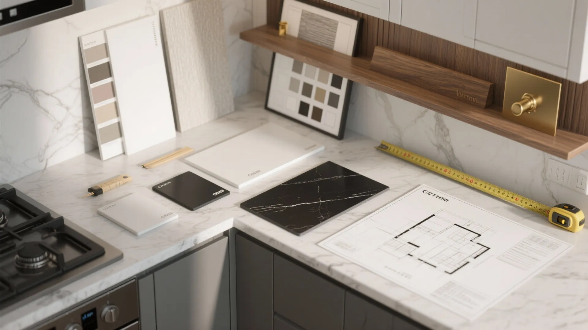 Top-down flatlay of cabinet and countertop swatches, wood and brass samples with a floor plan