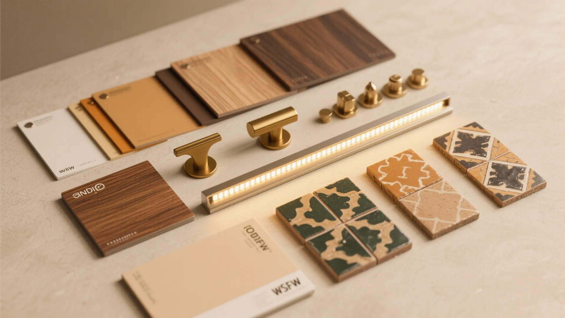 Top-down material flatlay of paint chips, wood veneers, brass hardware, and tile swatches for rustic black kitchens.