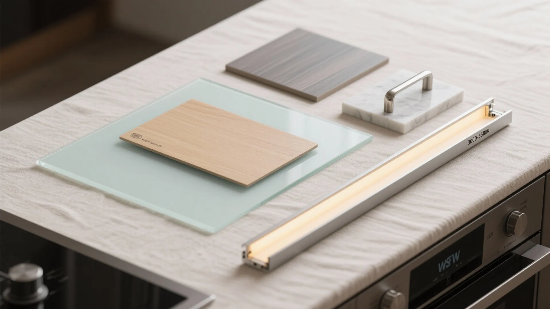 Kitchen design material samples with wood panels glass marble handle and a bright light fixture