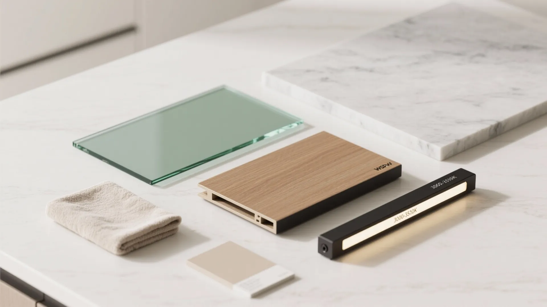 Flatlay of kitchen materials including marble slab wood sample glass panel light fixture and fabric