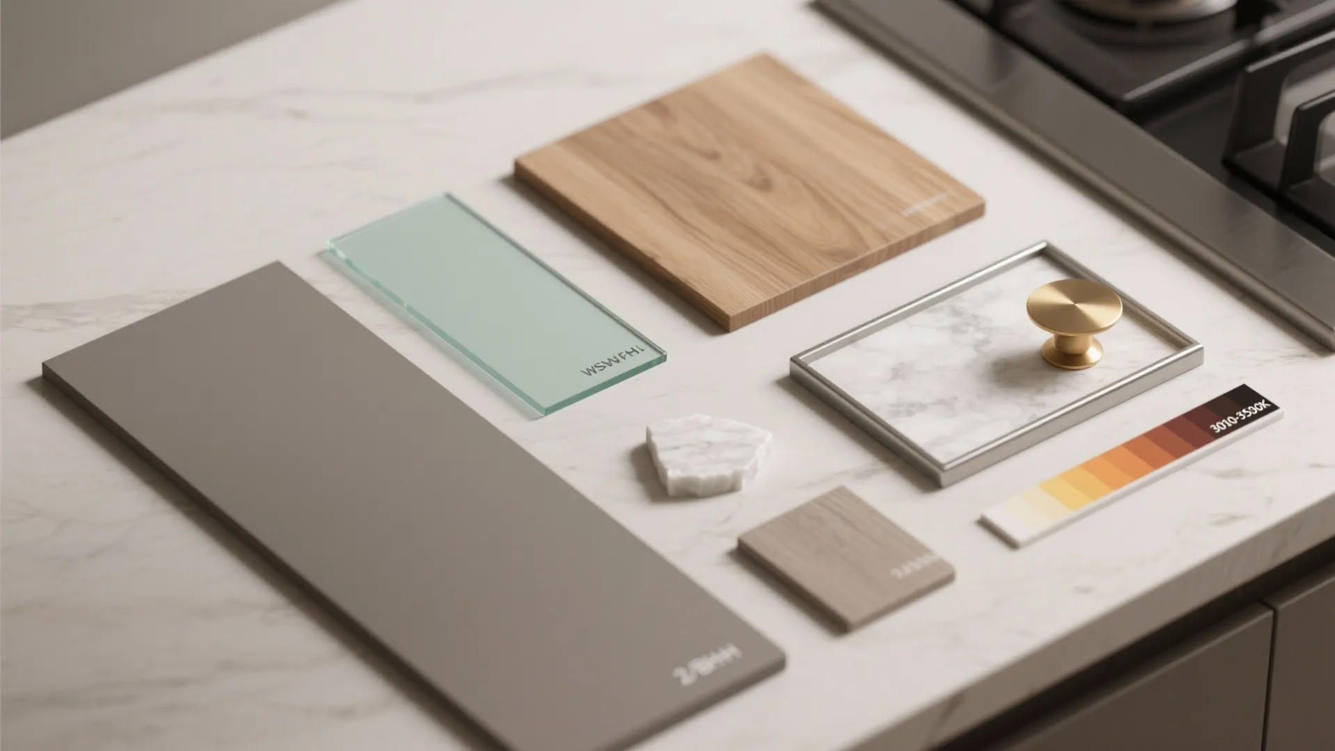 Kitchen design materials including wood glass marble metal knob and color palette on stone countertop
