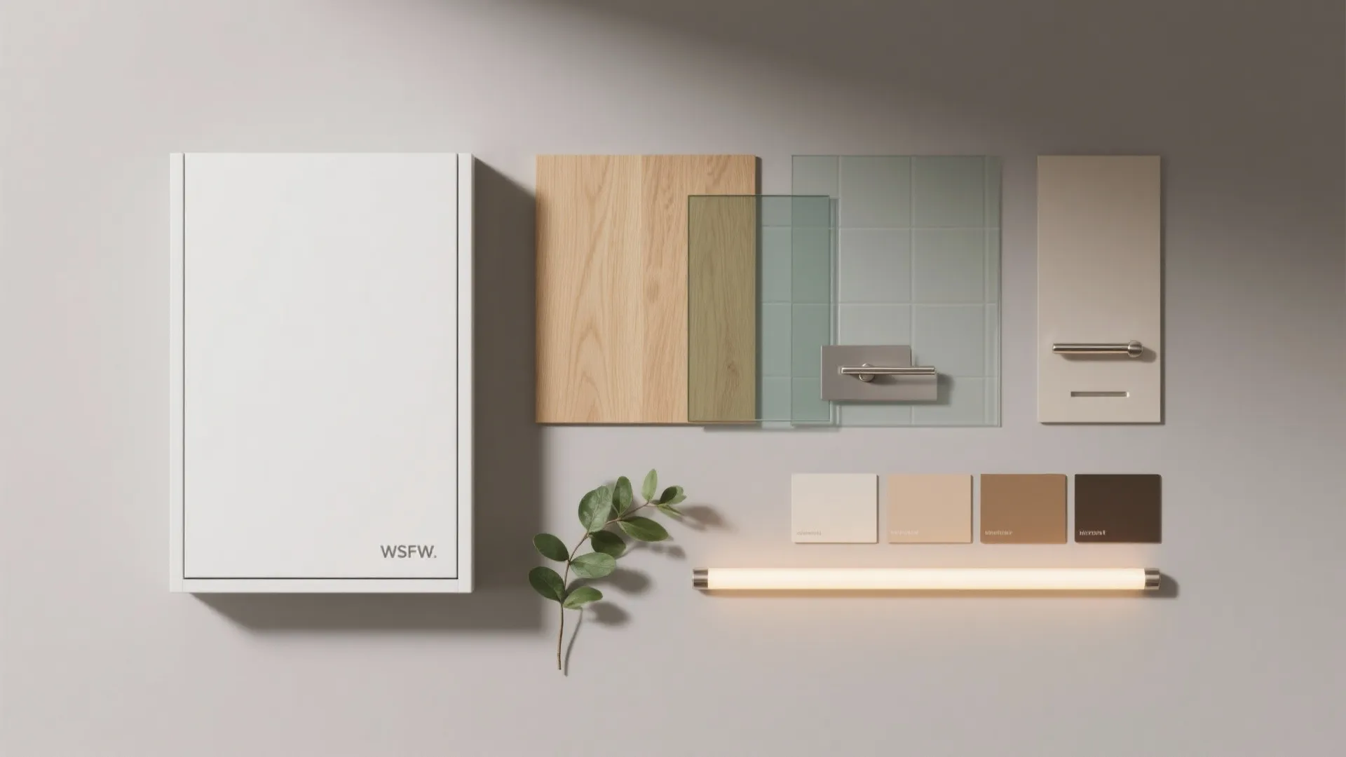 Kitchen design materials including wood panel glass tiles color samples light fixture and metal handles