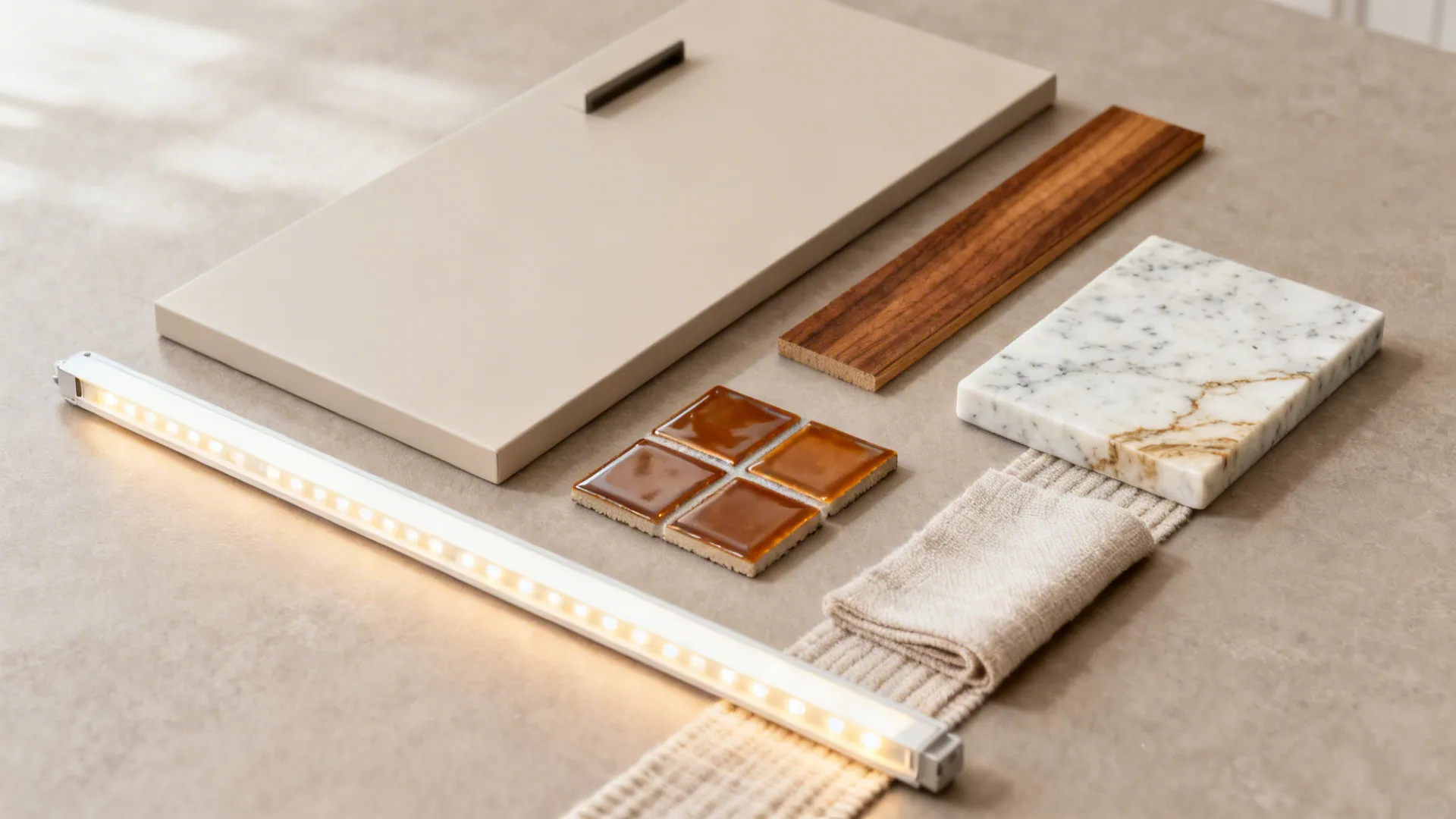 Flatlay with matte cabinet, wood veneer, glossy tile, stone, and LED strip samples
