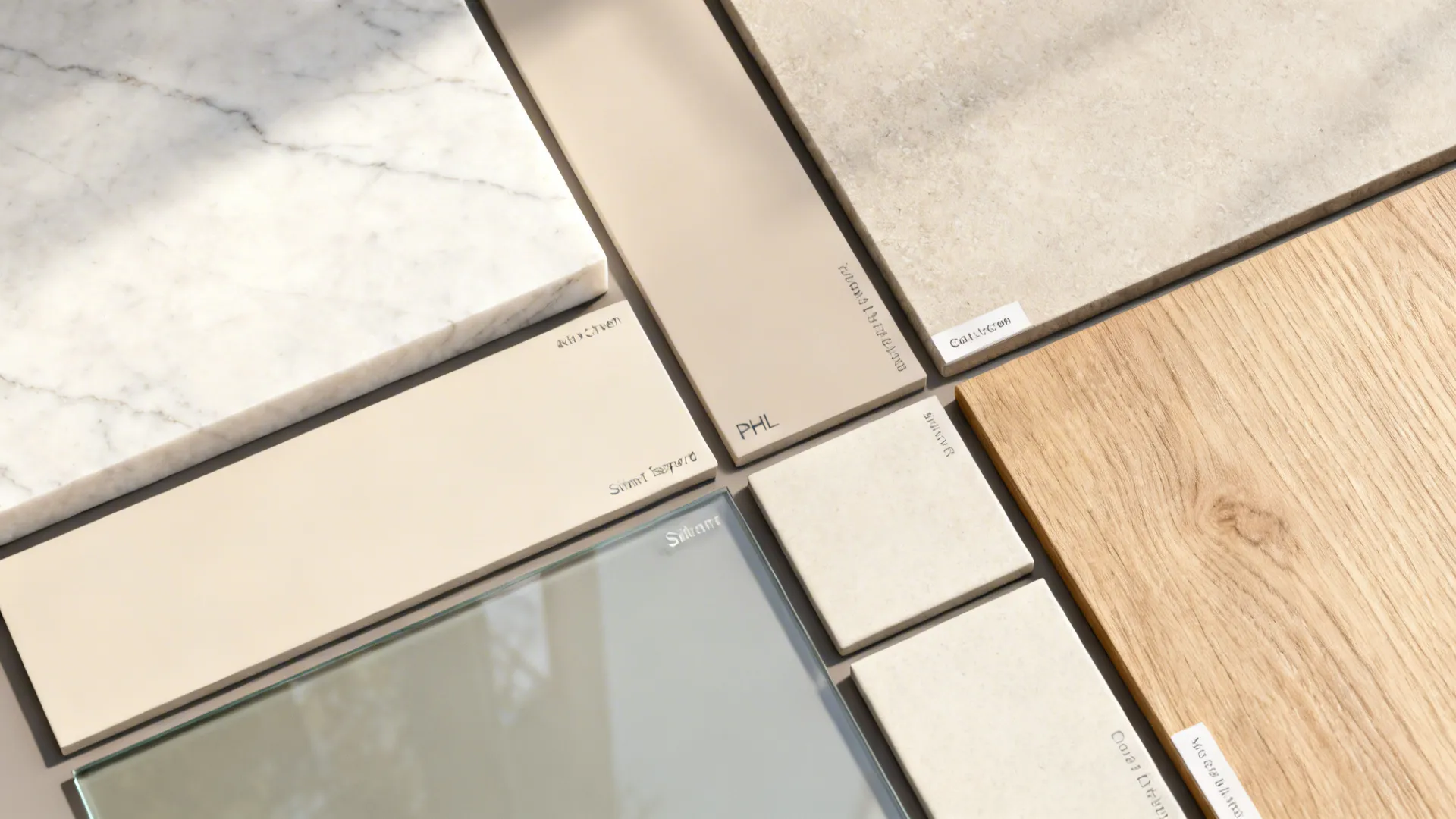 Top-down flat lay of quartz, HPL, satin glass, engineered wood, and porcelain tile samples in warm neutrals.
