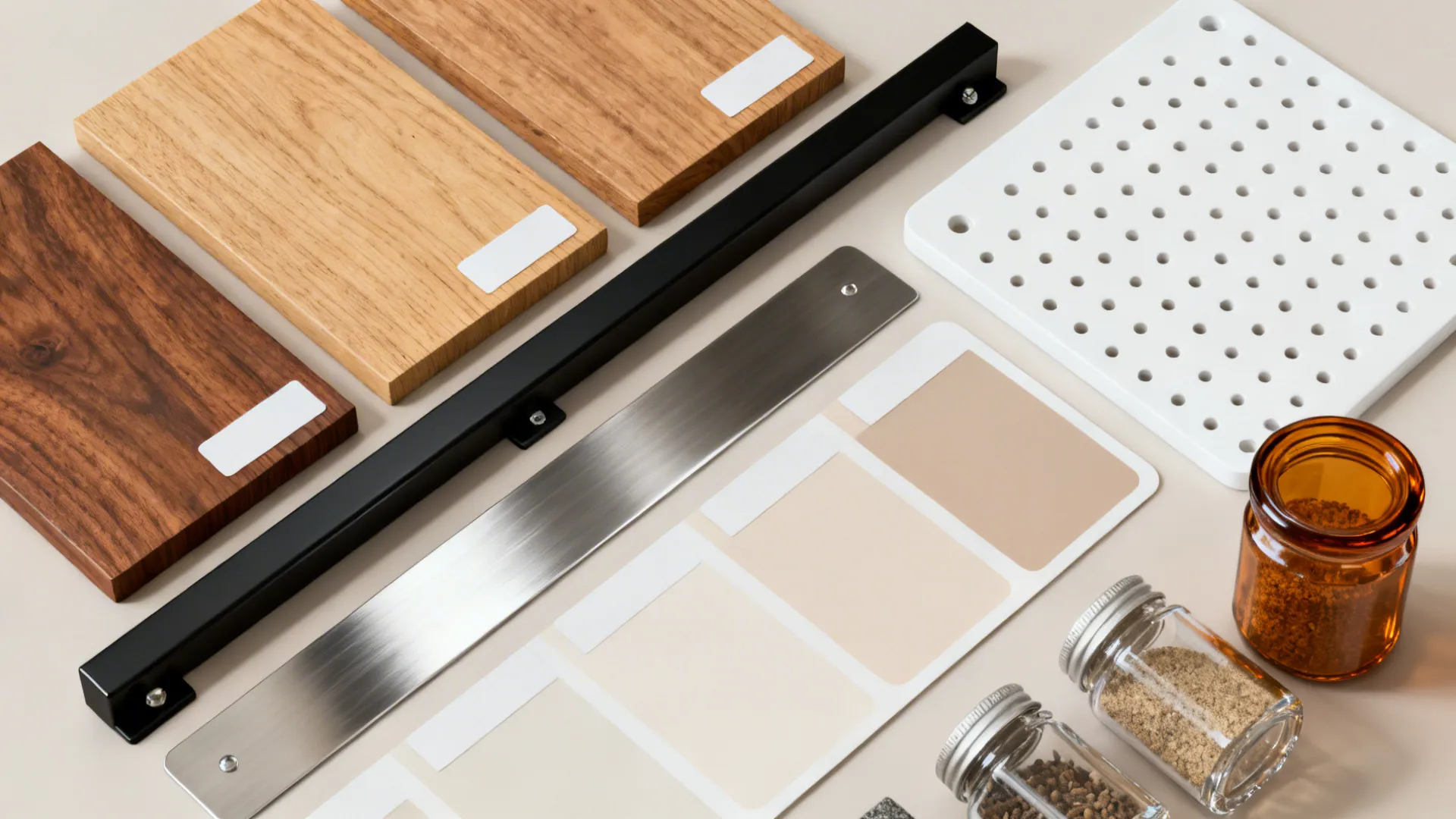 Flat-lay of warm wood samples, matte black steel, brushed stainless, pegboard, and spice jars.