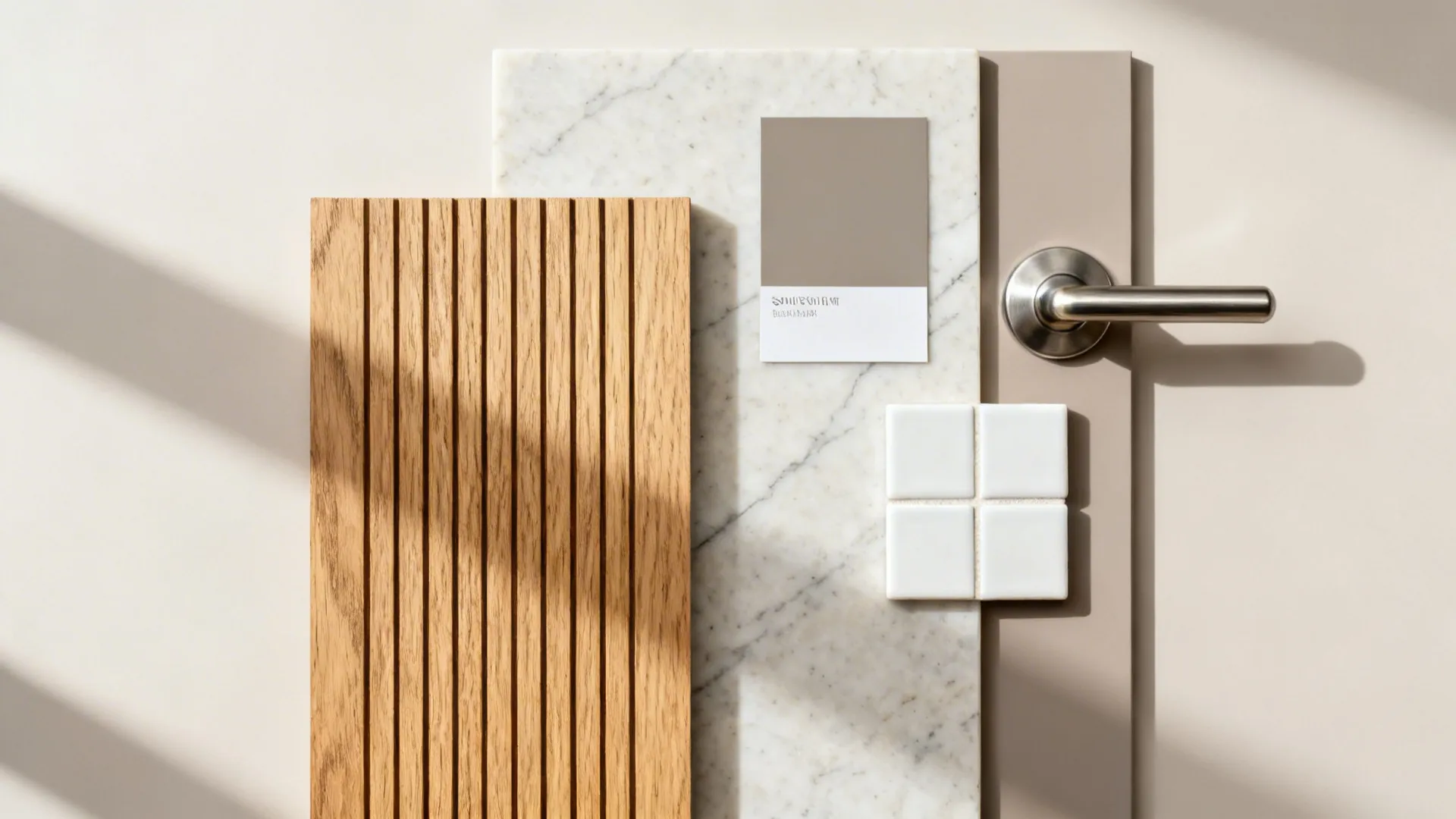 Flatlay of rift-cut oak, light quartz, warm gray paint, white tile, and brushed stainless hardware.
