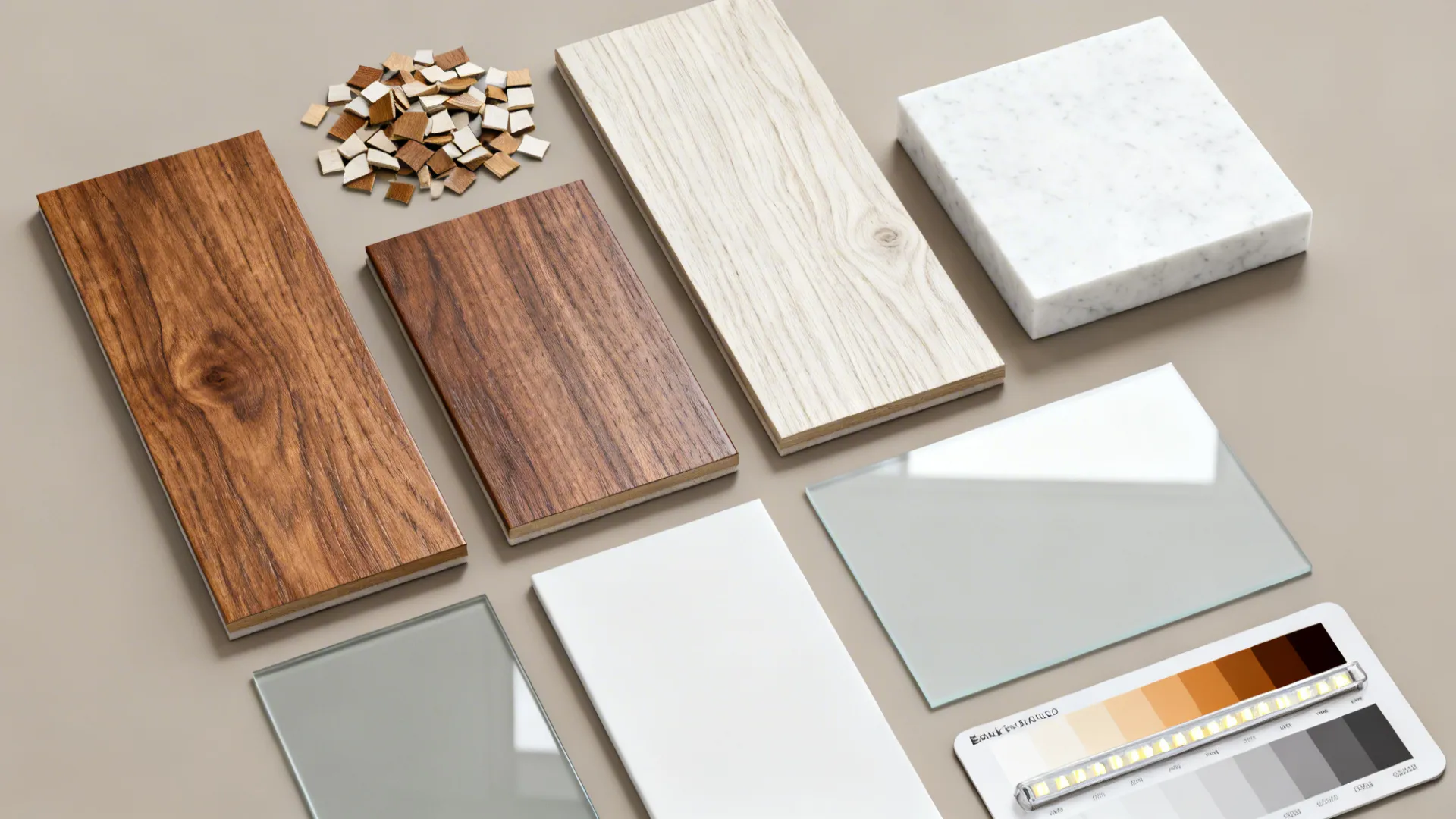 Material flat lay with walnut and oak samples, wood-look laminate, white quartz, and pale gray glass.
