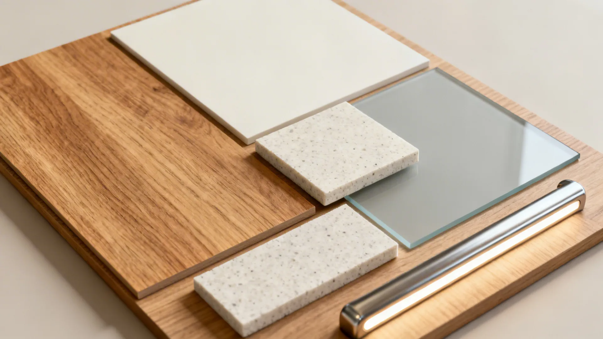 Material flat lay with wood-look laminate, off-white laminate, glass, quartz, and stainless hardware.