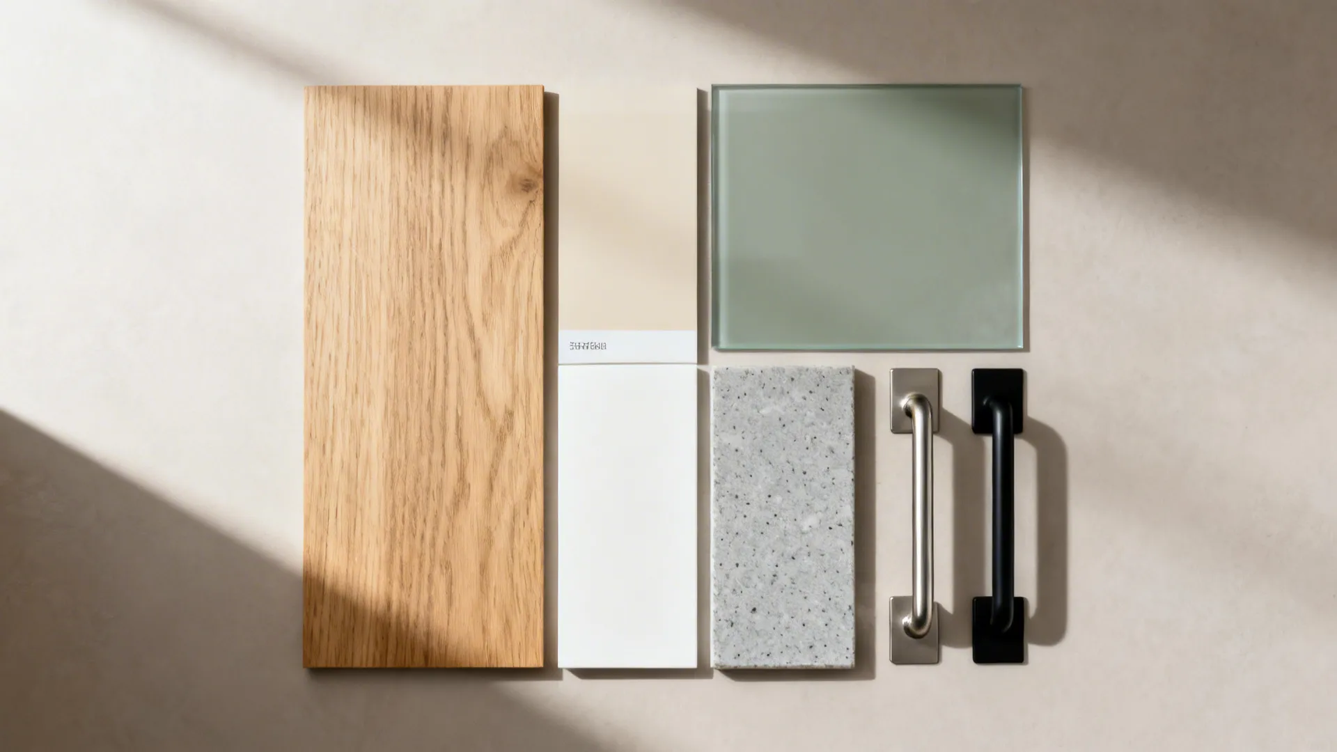 Interior design materials showing wood glass stone paint samples and two different metal door handles