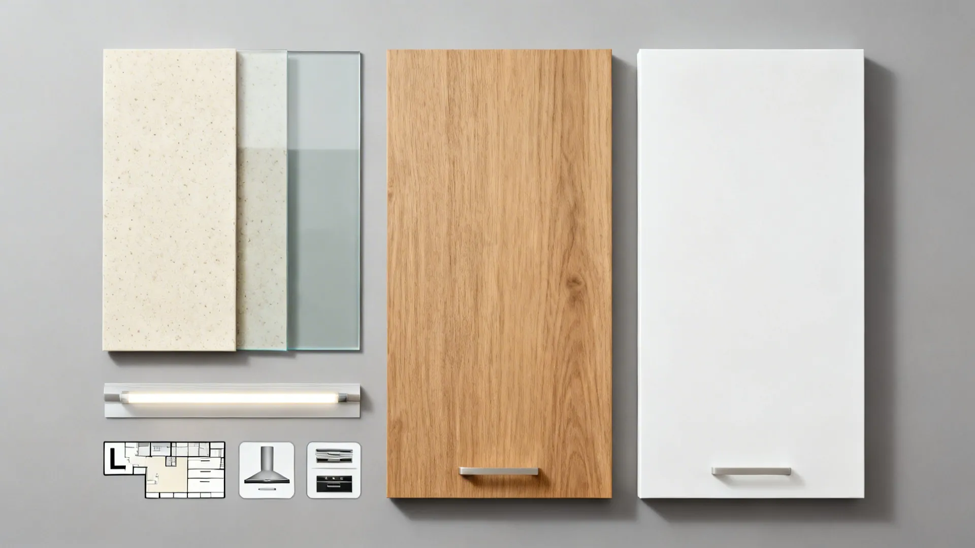 Flat lay of quartz, glass, wood laminate, and matte white samples with planning icons.