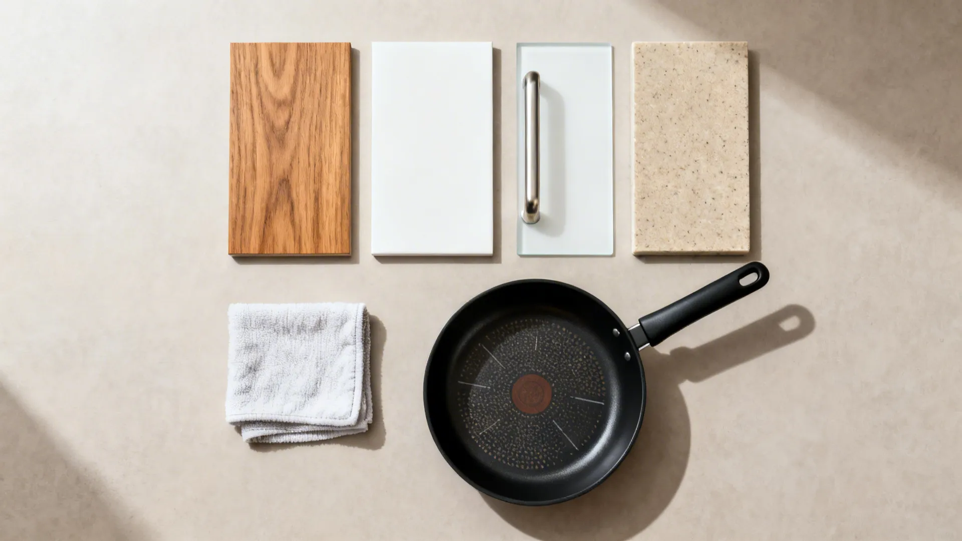 Kitchen materials with wood panel white board metal handle stone slab and black frying pan