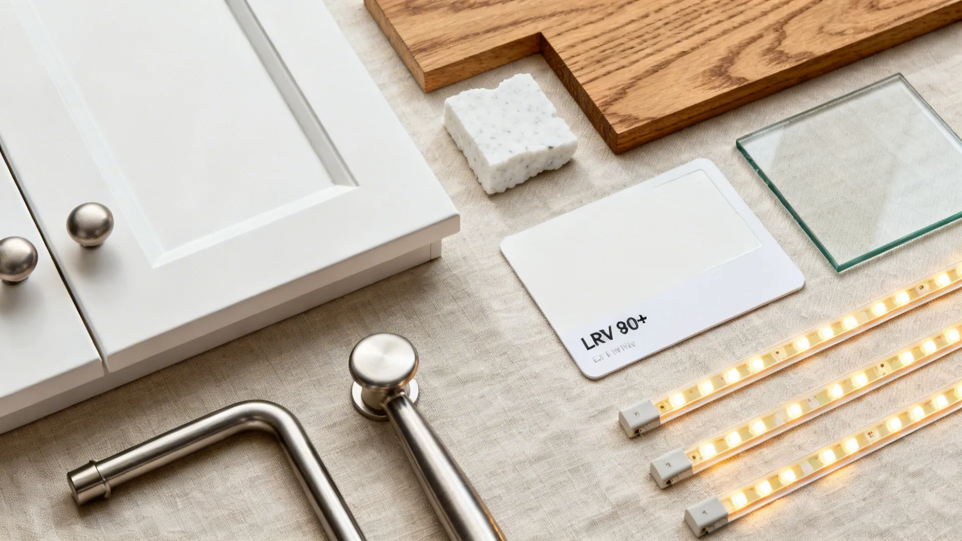 Flat lay of matte white cabinet, rift-sawn oak, white quartz, low-iron glass, and warm LED samples.