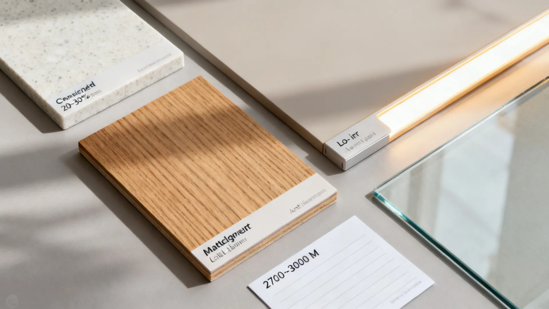 Flat lay of honed quartz, rift oak veneer, matte cabinet laminate, and low-iron glass.