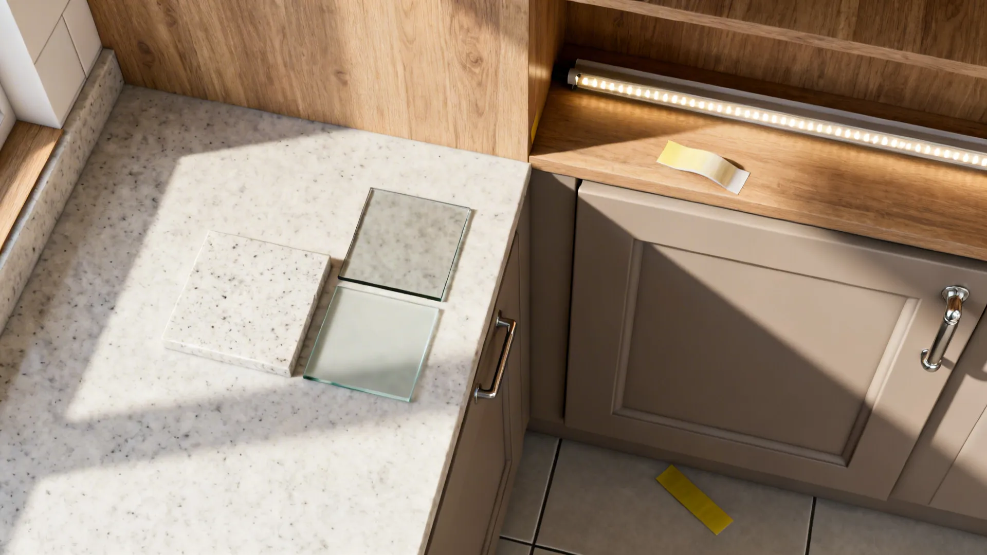 Material flat lay with quartz, glass swatch, matte cabinet door, handle, LED strip, and floor tile.