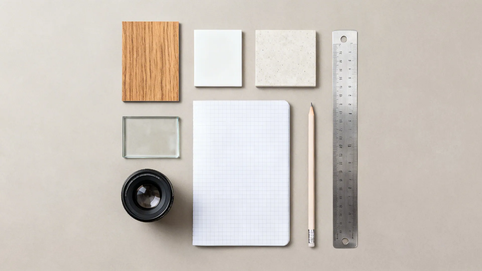 Flat-lay of kitchen materials: oak veneer, matte white, light stone, clear glass, and stainless samples.