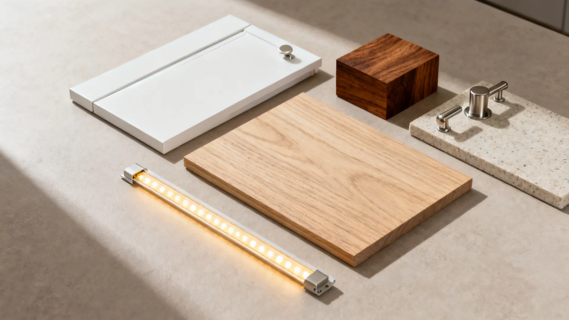 Flatlay of matte white, light oak, walnut, neutral stone, and brushed metal for a warm bright kitchen palette.