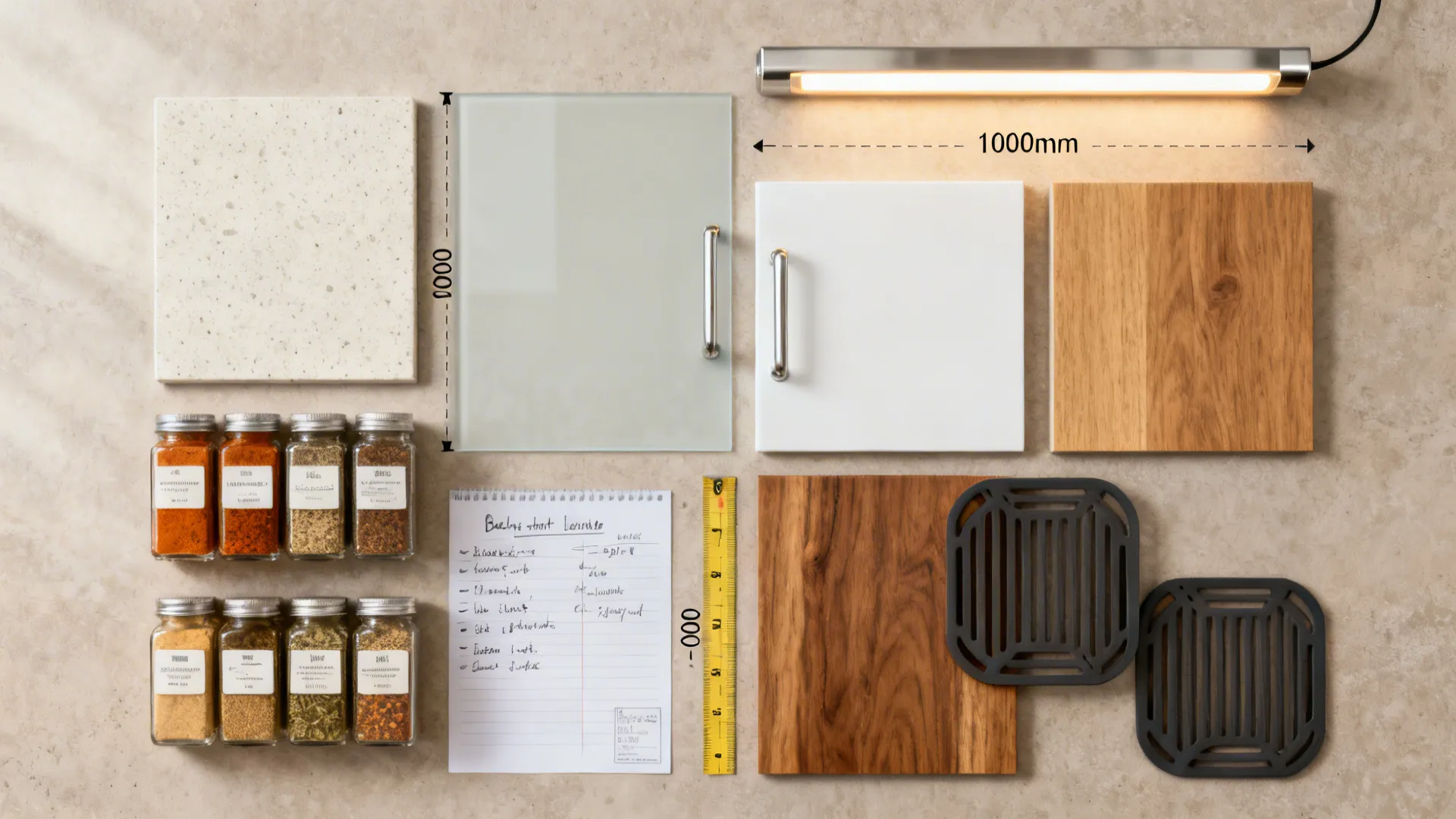 Flatlay of quartz, glass backsplash swatch, laminates, hardware, LEDs, and spice jars.