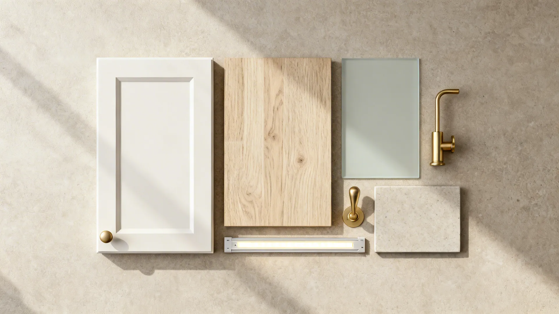 Kitchen design material samples showing wood white cabinet door glass gold tap and light fixture
