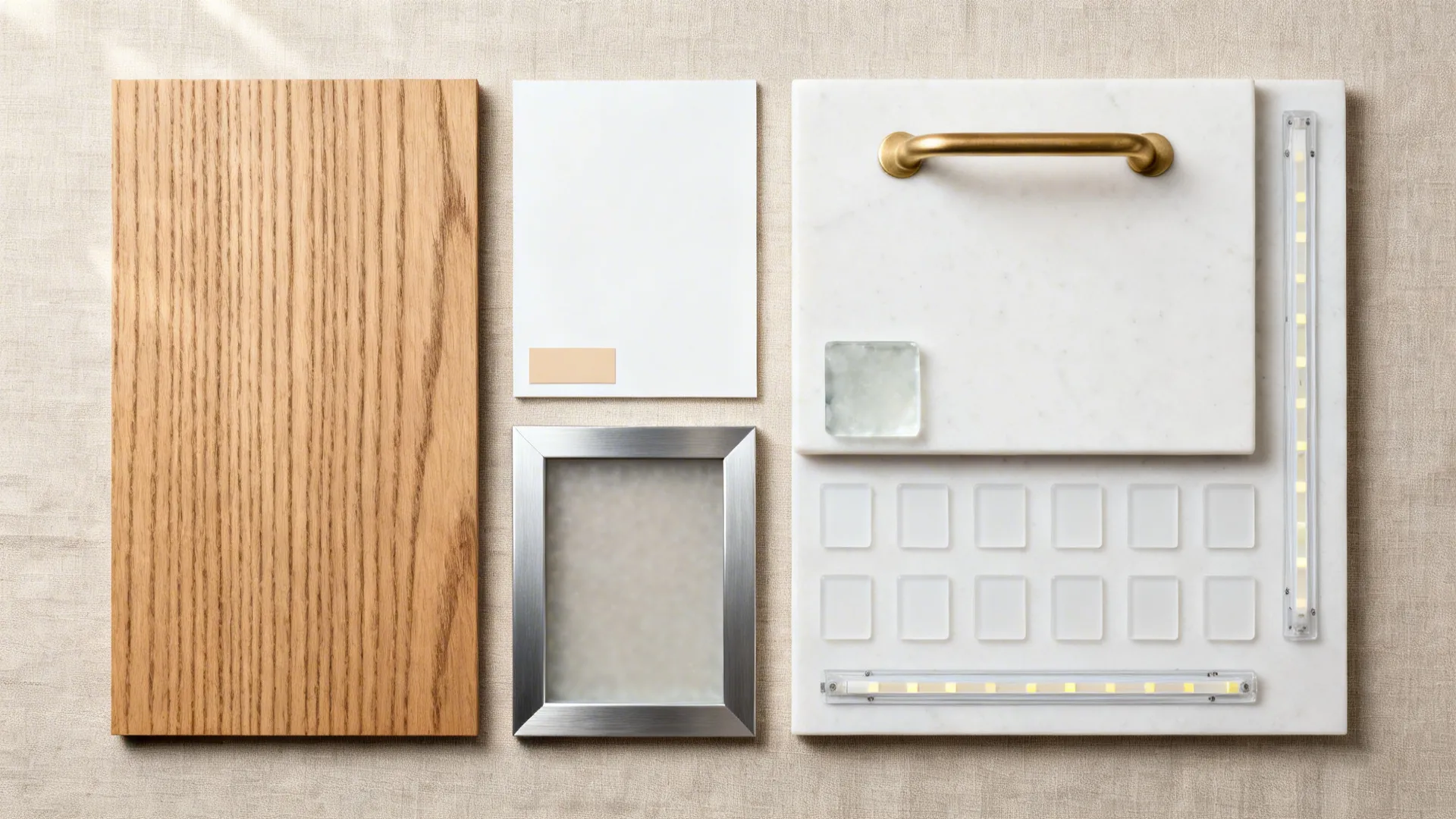 Flat lay of rift oak veneer, matte white laminate, frosted glass, quartz, and hardware.