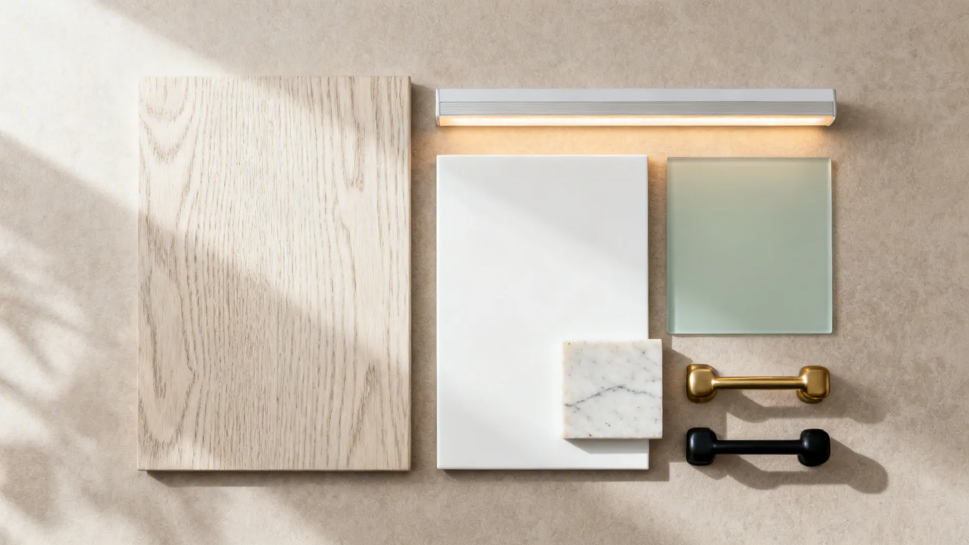 Flat lay of white oak, matte white cabinet, pale glass, light quartz, and brass and black pulls.