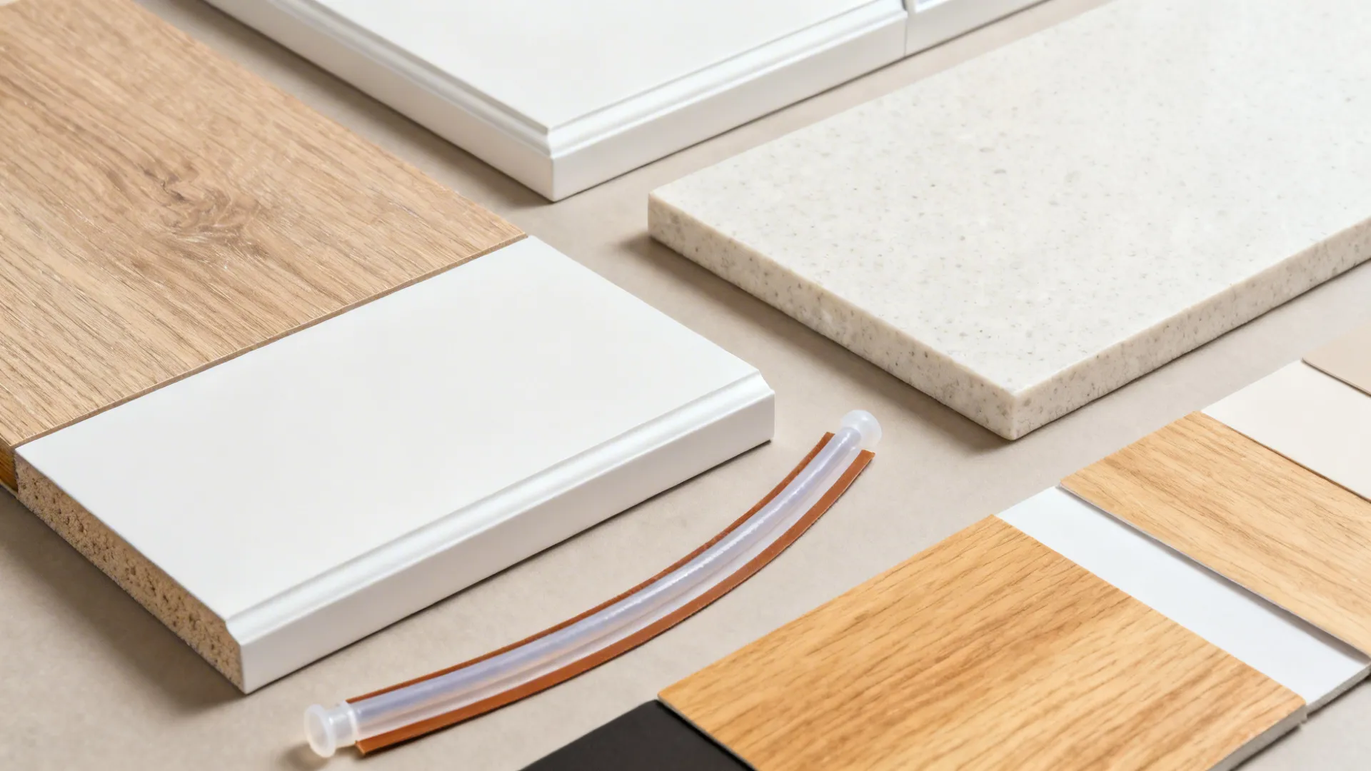 Flatlay of wood-look laminate, matte white finish, quartz-look slab, and edge banding.