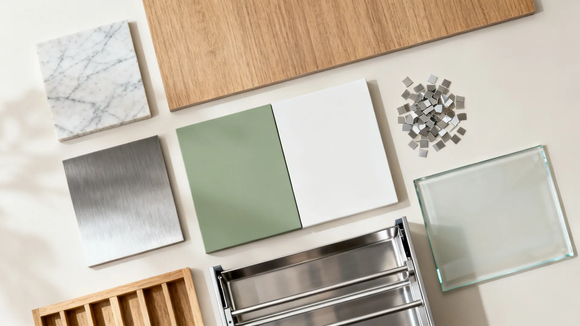 Top-down flatlay of wood, sage, off-white cabinet swatches with quartz and glass backsplash samples.