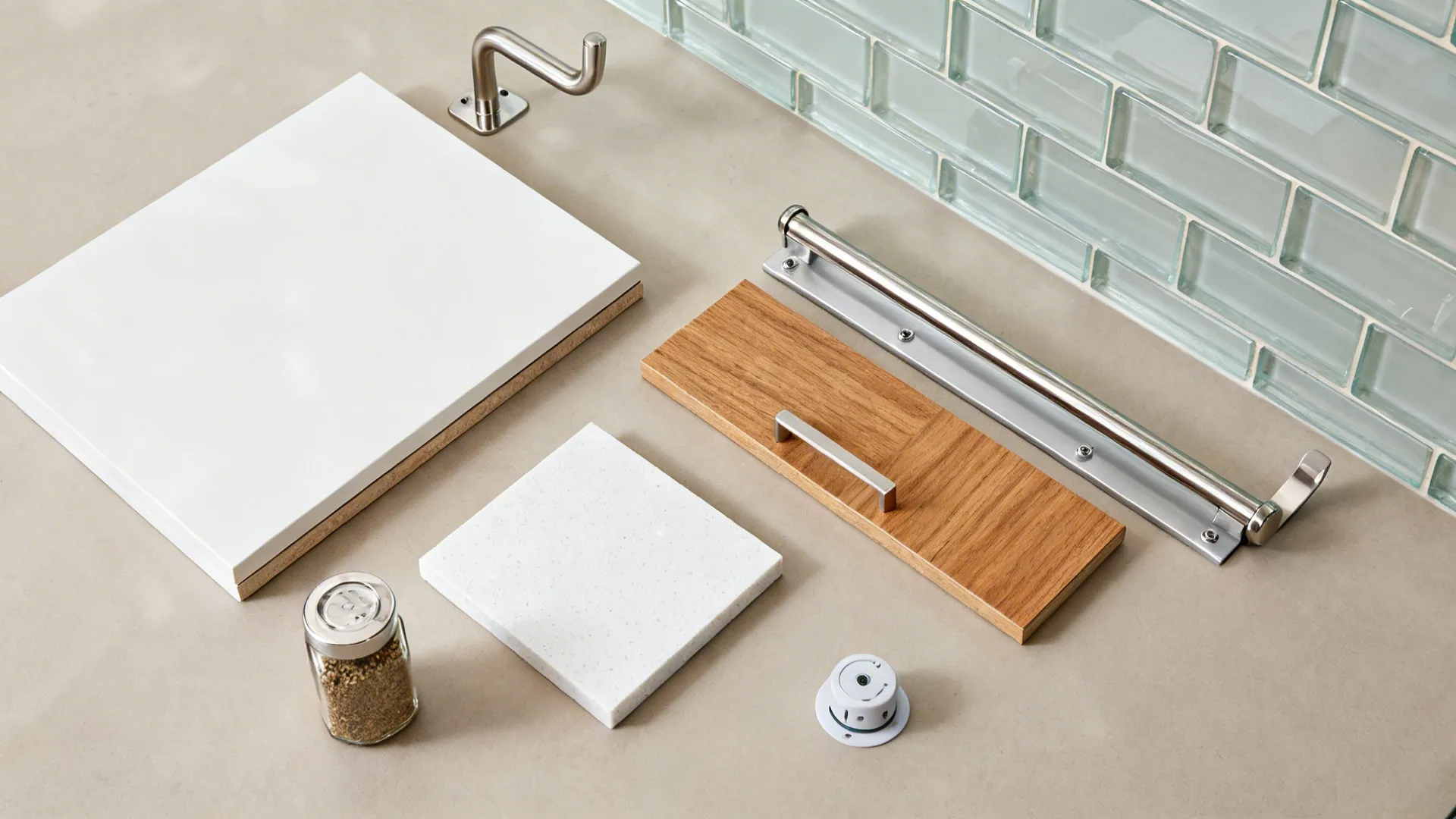 Flat lay of matte white cabinet, oak veneer, stainless rail, runner hardware, glass tile, and quartz.